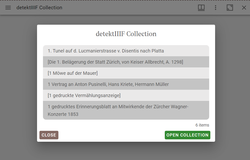 Mirador collection dialog